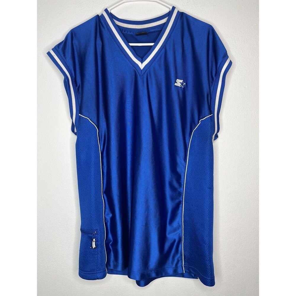VINTAGE Starter Logo Jersey Men's Top Sz L Blue Athletic Tank Side Zip
